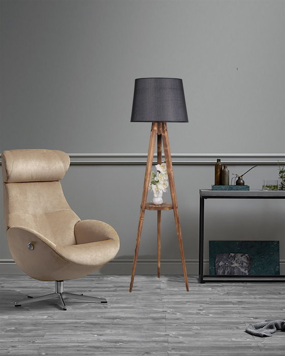 Opviq Lámpara de Pie de Madera con Pantalla de Tela y Estante Opviq Lámpara de Pie de Madera con Pantalla de Tela y Estante